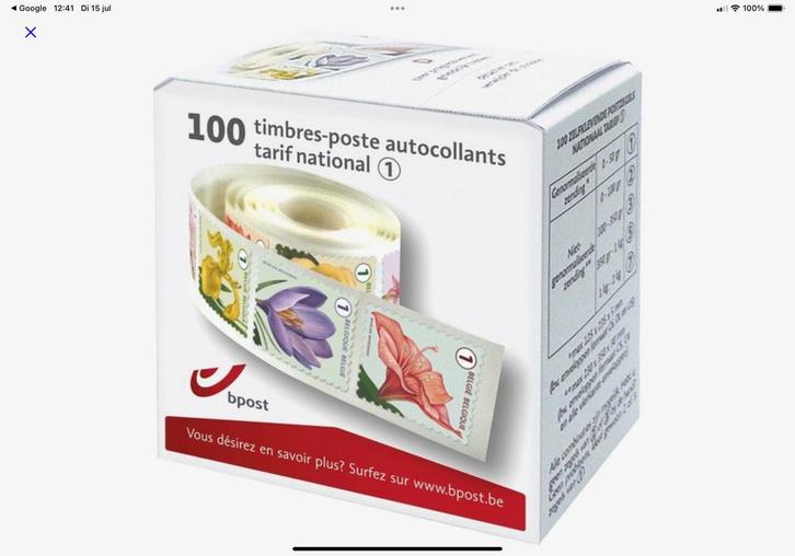 Doosje 100 x zelfklevende postzegel (Volledig nieuw), Postzegels en Munten, Bankbiljetten | België, Setje, Ophalen of Verzenden