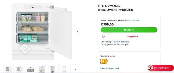 Etna( Atag) vriezerkast, Elektronische apparatuur, Vriezers en Diepvrieskisten, Nieuw, Vrieskast, Ophalen of Verzenden