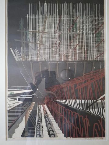Grote houtsnede in kleur van Toon Wegner 1960 beschikbaar voor biedingen