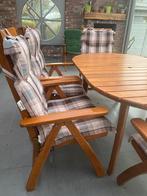 Massief houten tuintafel met 6 verstelbare stoelen + kussens, Ophalen, Zo goed als nieuw, Ovaal, Hout