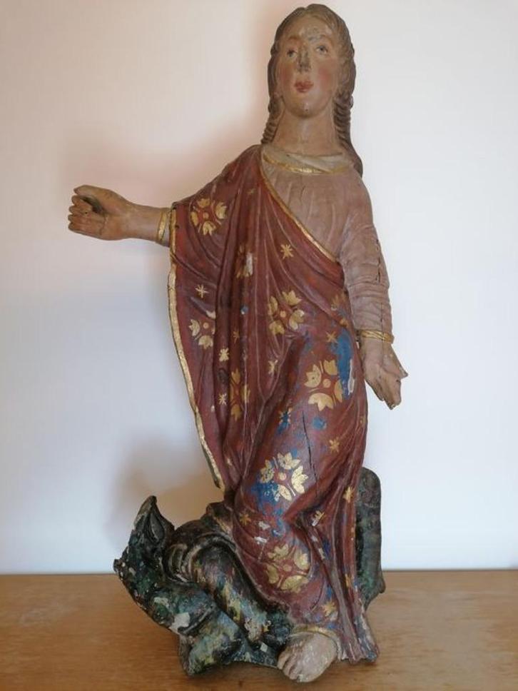 Zeer zeldzaam Antiek houten beeld van een heilige op draak, Antiek en Kunst, Antiek | Religieuze voorwerpen, Ophalen of Verzenden