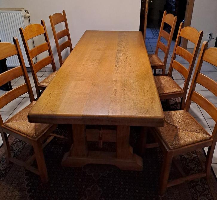 Massief eiken tafel + 6 stoelen, Huis en Inrichting, Tafels | Eettafels, Gebruikt, 50 tot 100 cm, 200 cm of meer, Vijf personen of meer