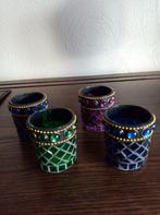 4x theelicht - houder 6,5cm / 6cm geslepen gekleurd glas, Antiek en Kunst, Ophalen of Verzenden