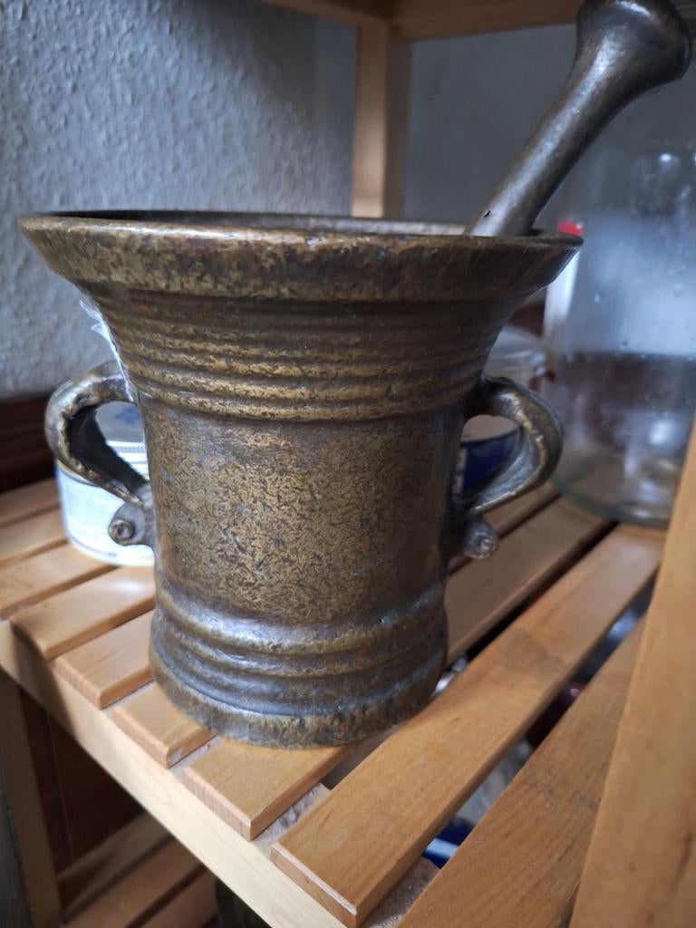 Ancien Mortier en Bronze avec Pilon, Bronze