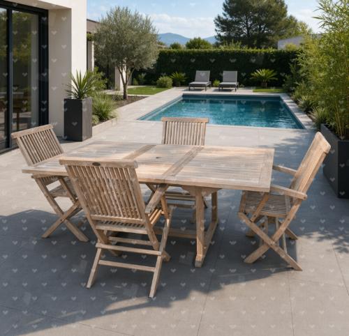 Table de jardin + 4 chaises pliables avec accoudoir en teak, Enlèvement, Utilisé, Rectangulaire, Bois de teck