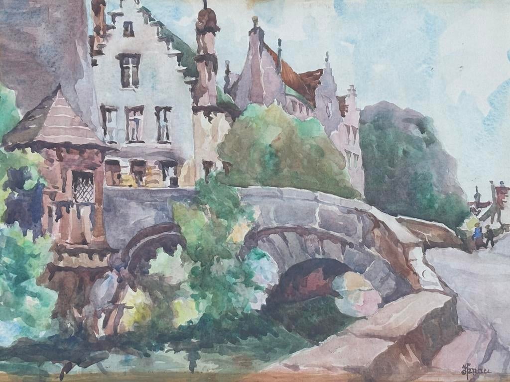 Aquarelle de Jacques De Henau - Vue sur Bruges, Enlèvement ou Envoi