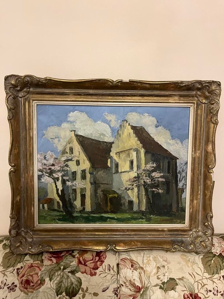 Peinture de maison vintage huile sur toile — cadre classique, Enlèvement