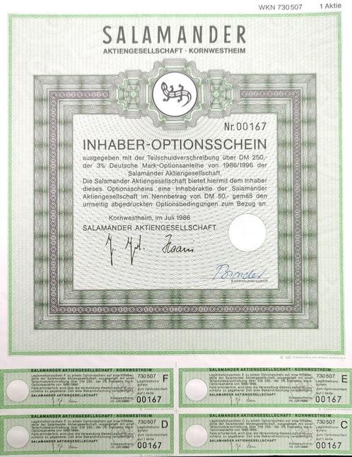 Salamander (schoenfabrikant) 1986, Postzegels en Munten, Aandelen en Waardepapieren, Overige typen, 1970 tot heden, Ophalen of Verzenden