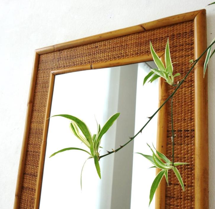 Vintage Dal Vera XL rotan spiegel bamboe wandspiegel 70s, Huis en Inrichting, Woonaccessoires | Spiegels, Gebruikt, 50 tot 75 cm