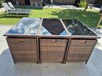 Terrastafel kubus bruin met 6 stoelen, kussens en 4 krukjes, Ophalen, Gebruikt, 6 zitplaatsen, Wicker