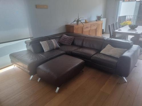 Hoeksalon - leder - donkerbruin. Relaxfunctie en losse poef., Huis en Inrichting, Zetels | Complete zithoeken, Gebruikt, Leer