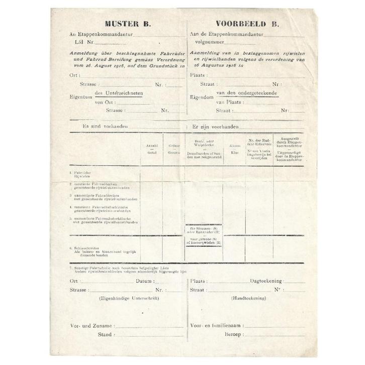 Aanmelding van in beslaggenomen rijwielen - 1916, Verzamelen, Militaria | Algemeen, Overige soorten, Overige typen, Ophalen of Verzenden