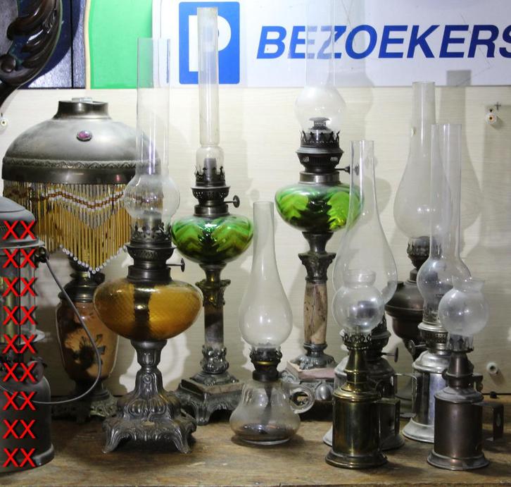 Lot van 10 petroleumlampen met extra glazen., Antiek en Kunst, Antiek | Verlichting, Ophalen