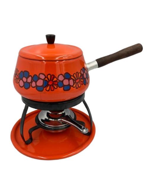 Vintage fonduestel oranje – jaren '70 – retro bloemenprint, Huis en Inrichting, Keuken | Keukenbenodigdheden, Zo goed als nieuw