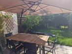 Uitschuifbare houten tuintafel met parasol + 6 stoelen, Gebruikt, Rechthoekig, Hout, Ophalen