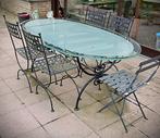 prachtige smeedijzeren tafel met facet geslepen glas - 4 st., Ophalen, Gebruikt, Ovaal, Metaal