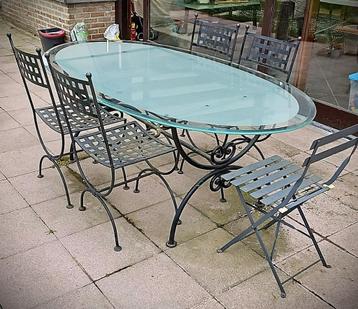 prachtige smeedijzeren tafel met facet geslepen glas - 4 st., Tuin en Terras, Tuintafels, Ophalen, Gebruikt, Ovaal, Metaal