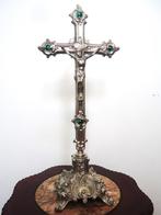 Kruis Christus religie beeld zilver & groene stenen H40✨😍🙏, Antiek en Kunst, Antiek | Religieuze voorwerpen, Ophalen of Verzenden