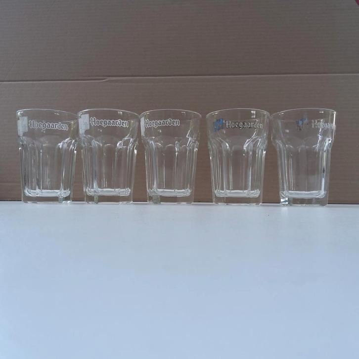 5 zware Hoegaarden bierglazen., Huis en Inrichting, Keuken | Servies, Zo goed als nieuw, Glas, Ophalen of Verzenden