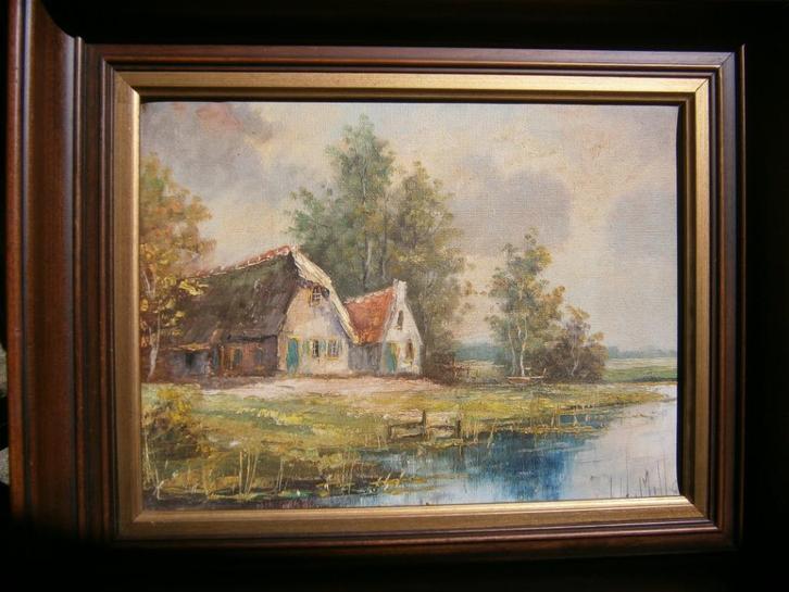 Jan Hendrik Miller: Boerenwoningen nabij een kreek, Antiek en Kunst, Kunst | Schilderijen | Klassiek, Ophalen