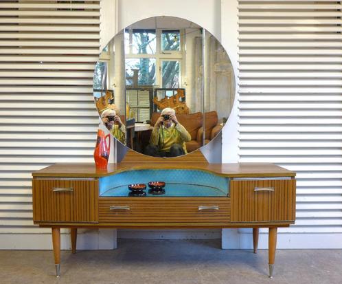 Prachtig retro vintage kaptafel kast met ronde spiegel, Huis en Inrichting, Tafels | Kaptafels, Gebruikt, 100 tot 150 cm, 100 tot 150 cm