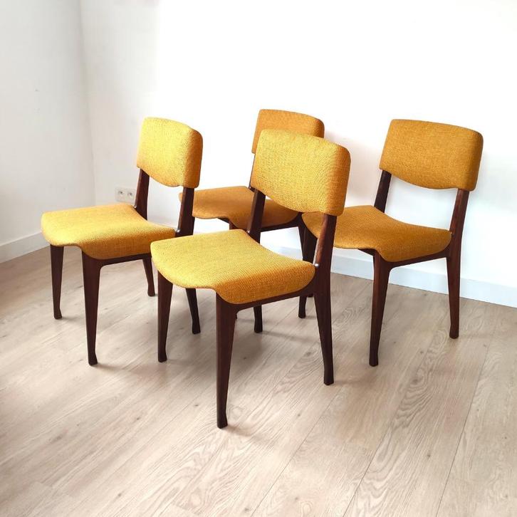Set van 4 vintage stoelen van Parisi – MiM Roma, Huis en Inrichting, Stoelen, Gebruikt, Vier, Hout, Stof, Ophalen