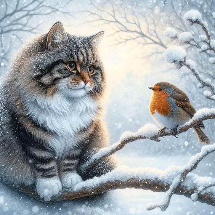 Peinture au diamant Chat et oiseau dans la neige 40x40cm (ro, Hobby & Loisirs créatifs, Bricolage, Neuf, Bricolage, Enlèvement ou Envoi