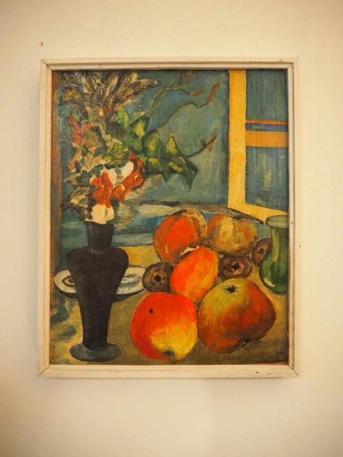 Ingekaderd schilderij, stilleven met appels en bloemen., Antiquités & Art, Art | Peinture | Classique, Enlèvement