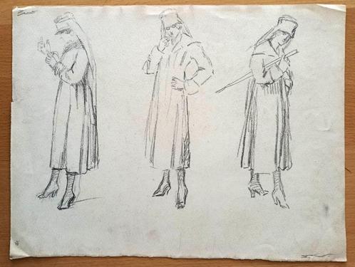 A493-44 Oude tekening Drie schetsen van vrouw (zusters), Antiek en Kunst, Kunst | Tekeningen en Fotografie, Ophalen of Verzenden