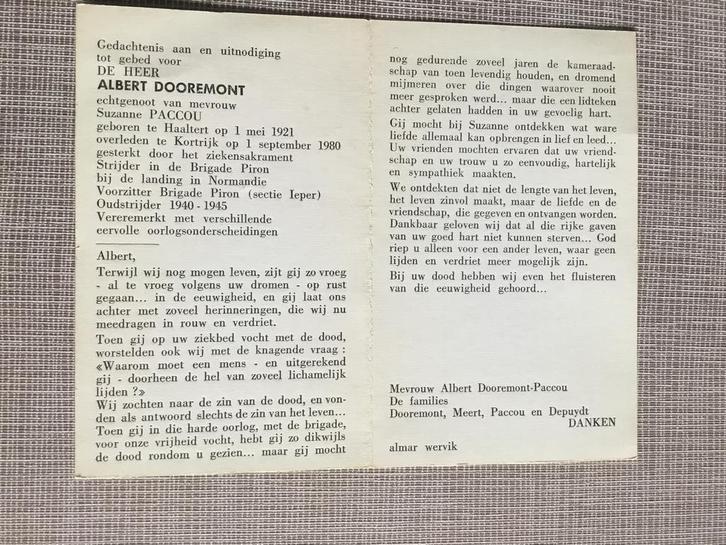 Soldaat Brigade Piron   Landing in Normandië Dooremont, Verzamelen, Bidprentjes en Rouwkaarten, Bidprentje, Verzenden