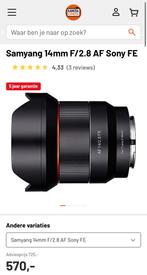 Samyang AF14/2.8 FE lens sony e-mount, TV, Hi-fi & Vidéo, Comme neuf, Enlèvement ou Envoi