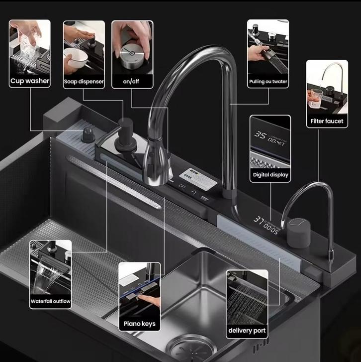 Évier multifonction avec deux cascades 75/45cm, Bricolage & Construction, Sanitaire, Robinet