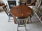 Ronde eiken eettafel met 4 stoelen, Ophalen, Gebruikt, 100 tot 150 cm, Klassiek