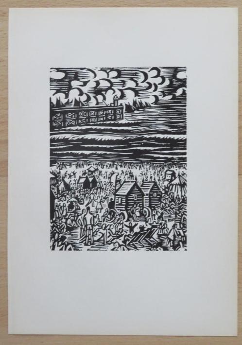 Houtsnede Frans Masereel: OOSTENDE: strand en staketsel, Antiek en Kunst, Kunst | Etsen en Gravures, Verzenden