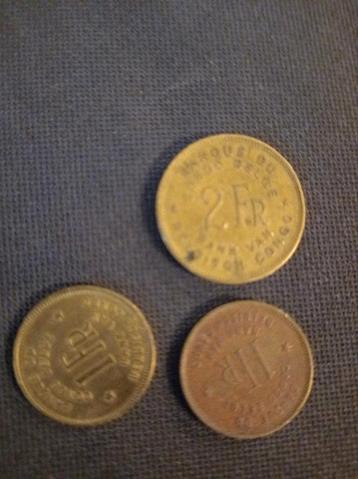 3 Pièces de monnaie du Congo Belge. 1 & 2 francs., Enlèvement ou Envoi