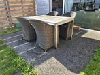 Mooie tuintafel teak + 4 rotan stoelen, Ophalen, Gebruikt, Rechthoekig, Teakhout