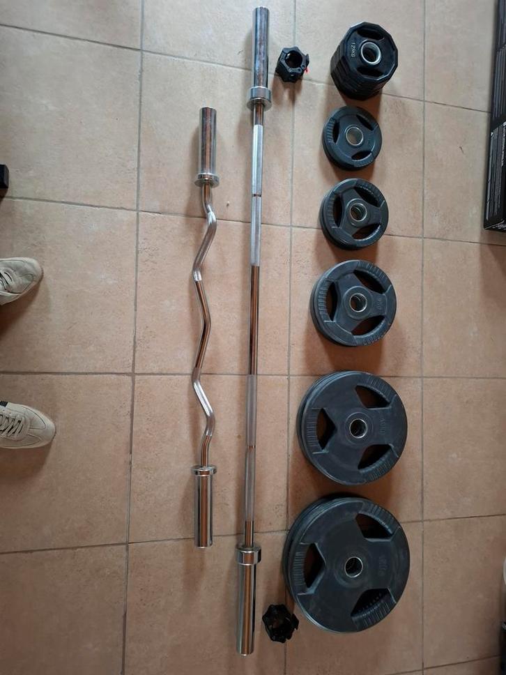 Stang, curl bar en gewichten, Sport en Fitness, Fitnessmaterialen, Gebruikt, Ophalen
