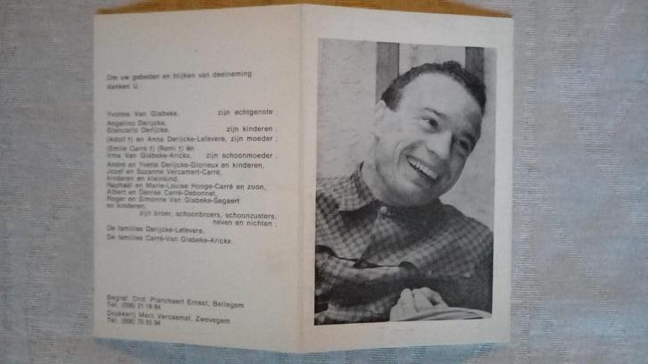 Wielrenners. Bidprentje Germain Derycke, Verzamelen, Bidprentjes en Rouwkaarten, Bidprentje, Ophalen of Verzenden