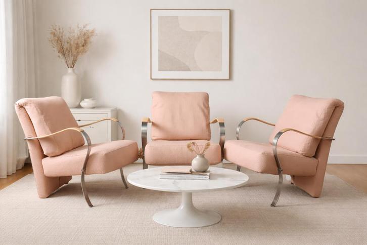 Set van 3 vintage roze lounge stoelen, Huis en Inrichting, Fauteuils, Gebruikt, Metaal, Stof, 50 tot 75 cm, 75 tot 100 cm, Ophalen
