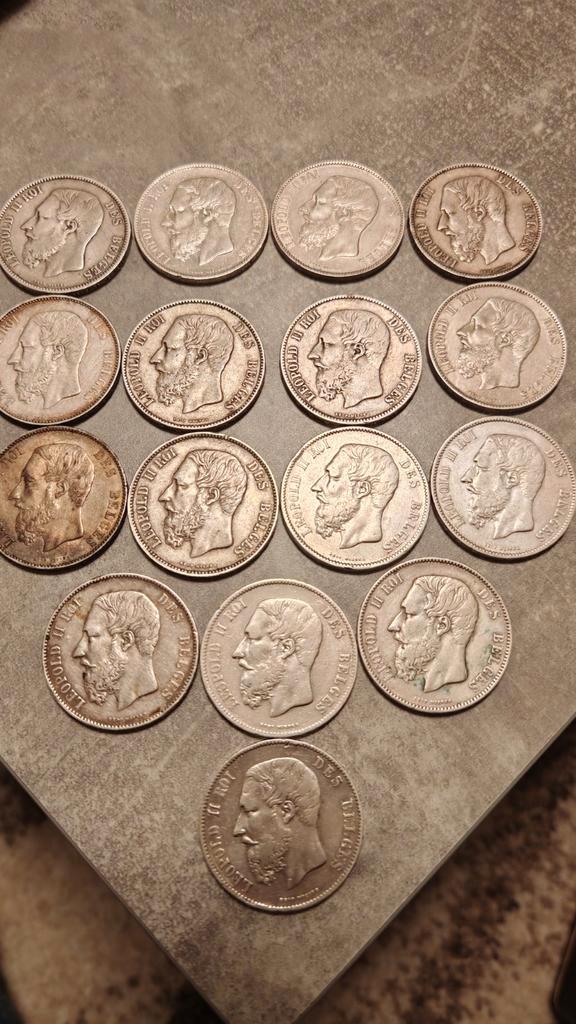 5 Francs Leopold II,16 stuks,zilver,in zeer goede staat, Timbres & Monnaies, Monnaies | Belgique, Série, Argent, Argent, Enlèvement ou Envoi
