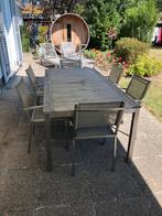 Teak tafel met 6 inox stoelen. Nieuwprijs destijds 1.528 eur, Ophalen, Gebruikt, Inox, 6 zitplaatsen