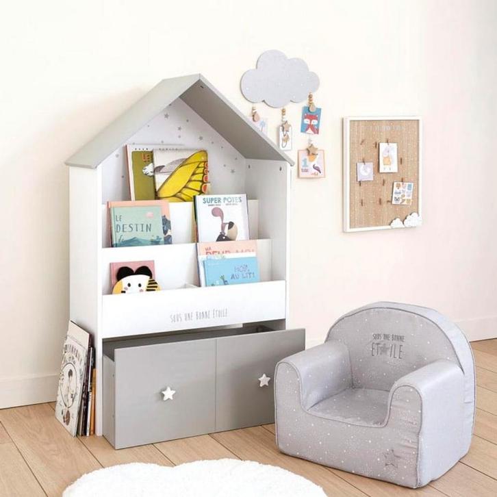 CELESTE - Bibliothèque maison enfant 1 tiroir grise et blanc, Enfants & Bébés, Chambre d'enfant | Meubles Autre, Utilisé, Autres types