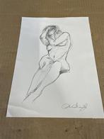 Pen tekening van naakte vrouw in zit positie, Ophalen of Verzenden