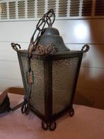 Antieke landelijke hanglamp lantaarn metaal, Gebruikt, Ophalen of Verzenden, Glas