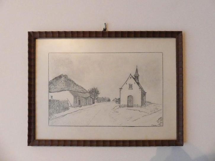 Ets met landelijke schuur en kapel, Antiek en Kunst, Kunst | Etsen en Gravures, Ophalen of Verzenden