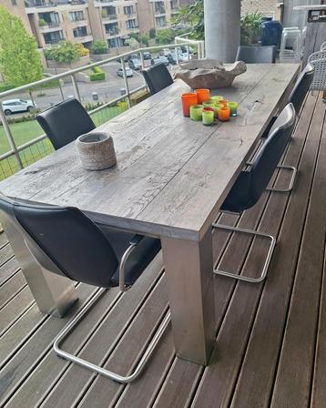Massief eiken tafel met inox poten, Huis en Inrichting, Ophalen, Gebruikt