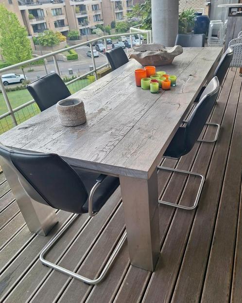 Massief eiken tafel met inox poten, Huis en Inrichting, Tafels | Statafels, Gebruikt, Ophalen
