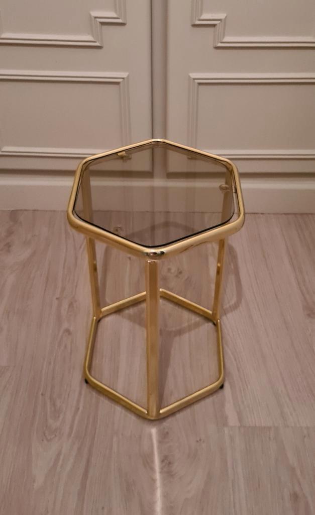 VINTAGE MESSING BIJZETTAFEL, Huis en Inrichting, Tafels | Bijzettafels, Gebruikt, Glas, Ophalen