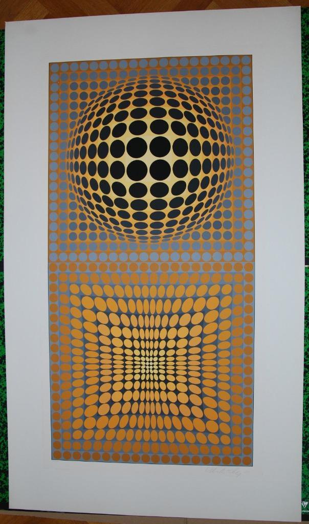 Vasarely dégradé jaune / gris numérotée 36/190 signée, Antiek en Kunst, Kunst | Litho's en Zeefdrukken, Ophalen of Verzenden
