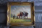 schilderij drie trekpaarden met ploeg en boer, Antiek en Kunst, Ophalen